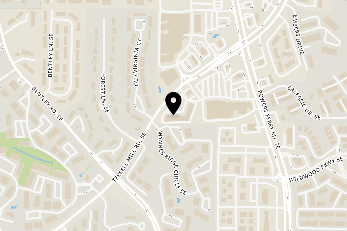 Map showing the location of Vatica Indian Cuisine on 1475 Terrell Mill Rd #105 in Marietta